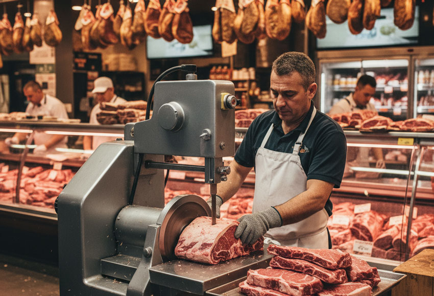 تیغ اره نواری گوشت بر تایگر در حال استفاده برش گوشت در قصابی