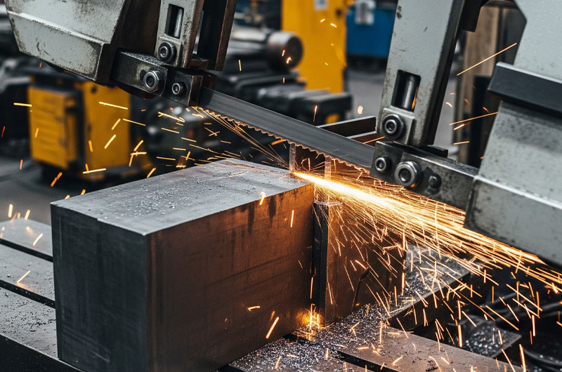 تیغ اره نواری در حال برش فولاد در کارگاه برشکاری