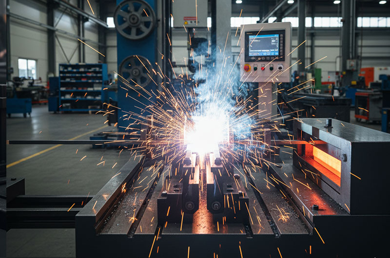 ستگاه جوشکاری تیغ اره نواری در حال عملیات جوش فلش و بازپخت (آنیلینگ) در کارگاه صنعتی