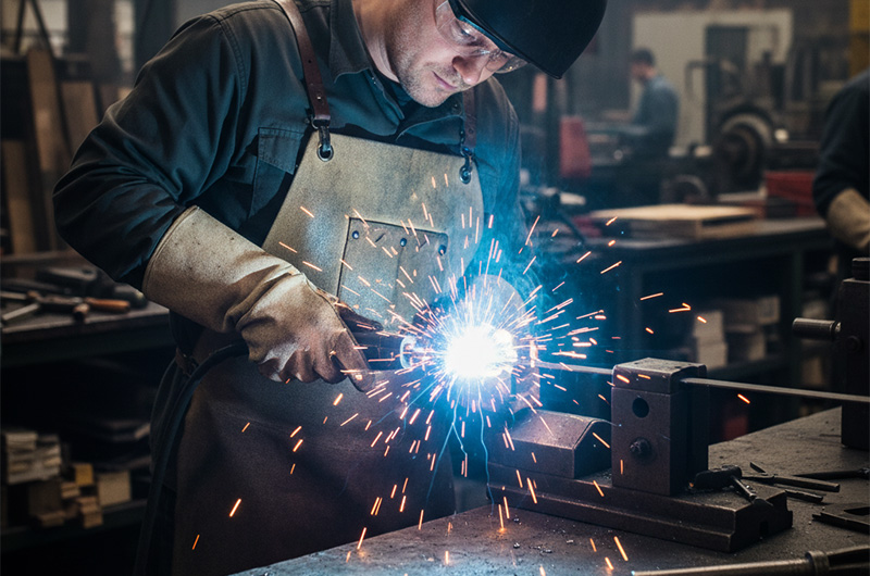 جوشکاری تیغ اره نواری در یک کارگاه برشکاری در حال اماده سازی و جوشکاری تیغ اره برای برش